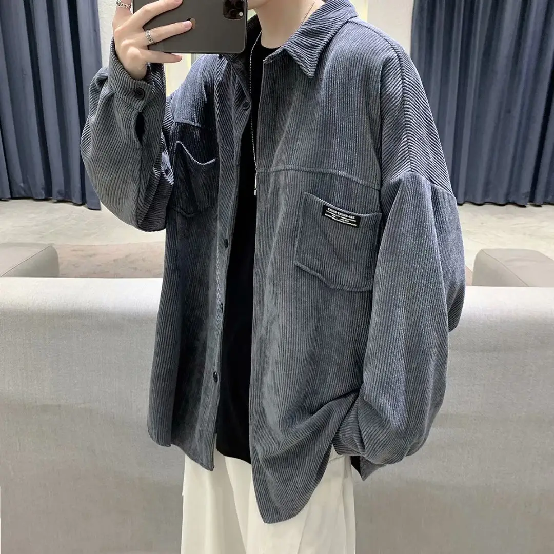 Men's Corduroy Long Sleeve Shirt Beige Large - Image 7