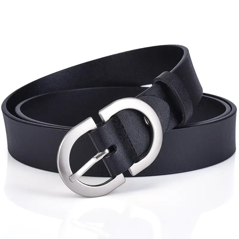 Women's Black Leather Belt with Gold Logo Buckle