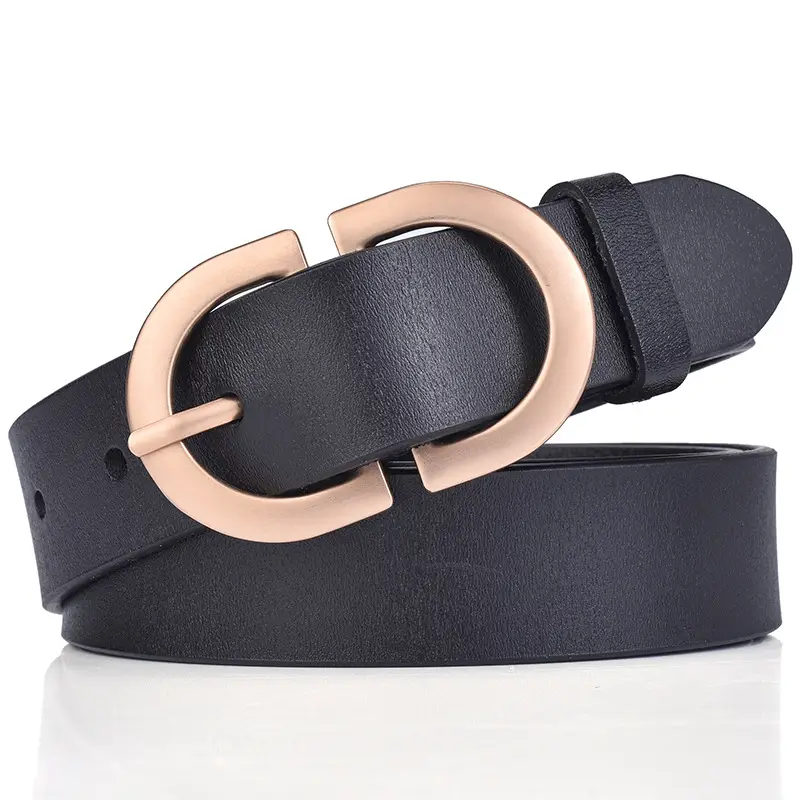 Women's Black Leather Belt with Gold Logo Buckle