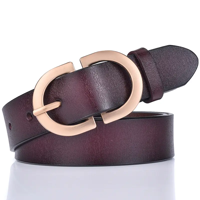 Women's Black Leather Belt with Gold Logo Buckle