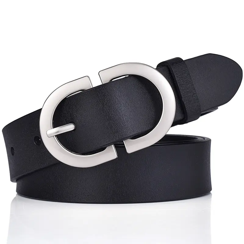 Women's Black Leather Belt with Gold Logo Buckle