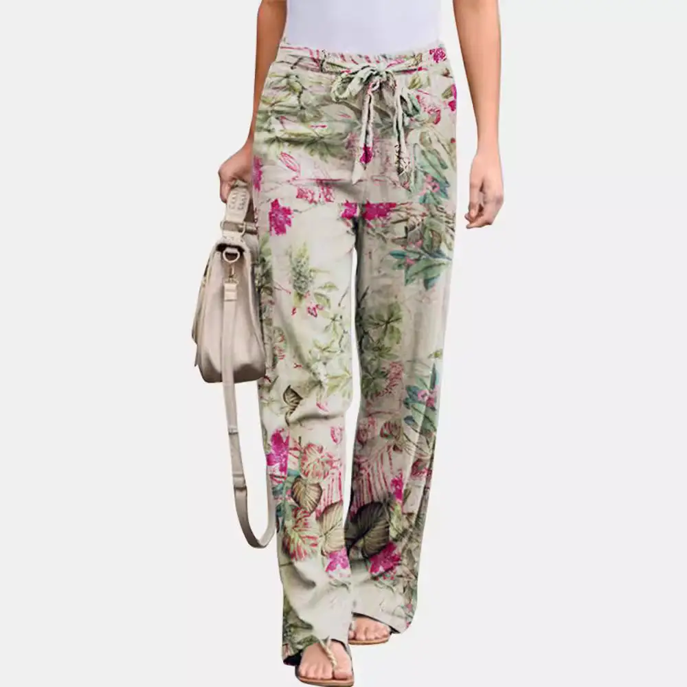 Women Printed Casual Pants Black White Linen Elastic Waist