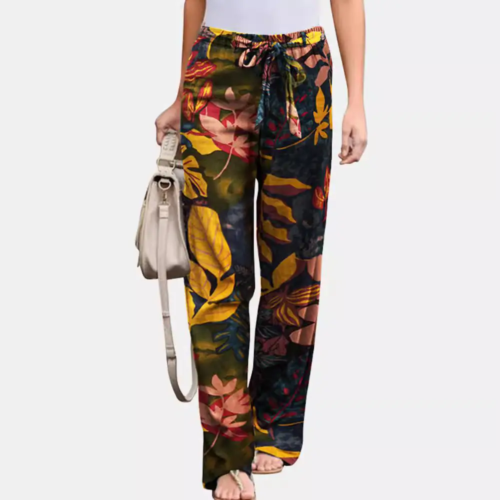Women Printed Casual Pants Black White Linen Elastic Waist