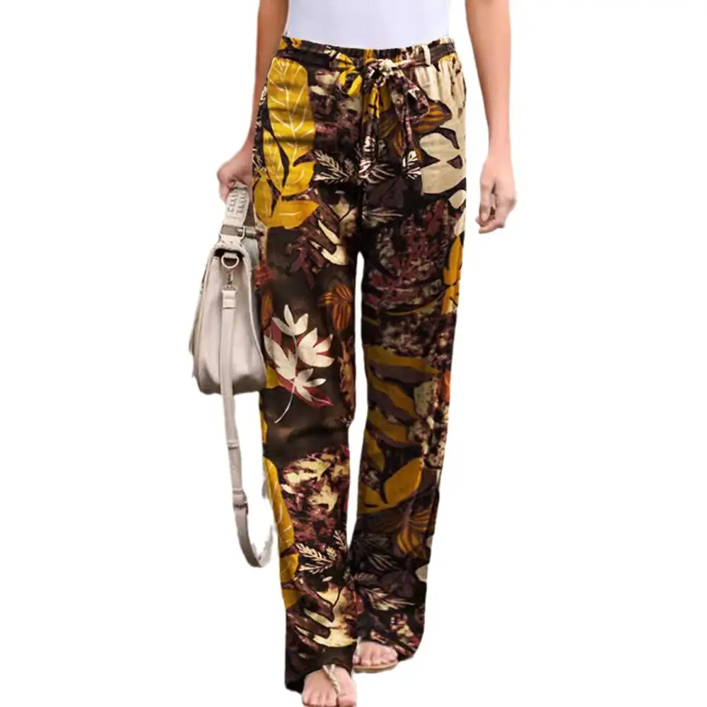 Women Printed Casual Pants Black White Linen Elastic Waist