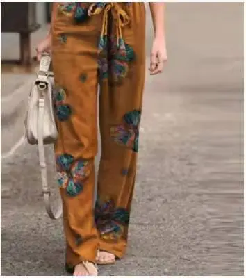 Women Printed Casual Pants Black White Linen Elastic Waist