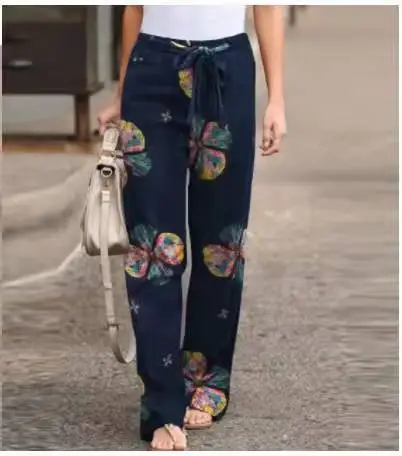 Women Printed Casual Pants Black White Linen Elastic Waist