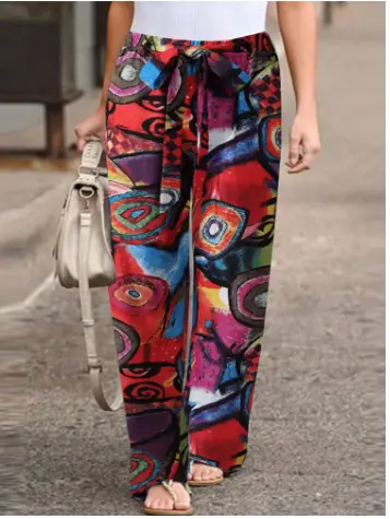 Women Printed Casual Pants Black White Linen Elastic Waist