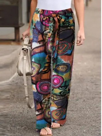 Women Printed Casual Pants Black White Linen Elastic Waist