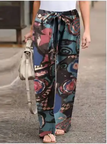 Women Printed Casual Pants Black White Linen Elastic Waist