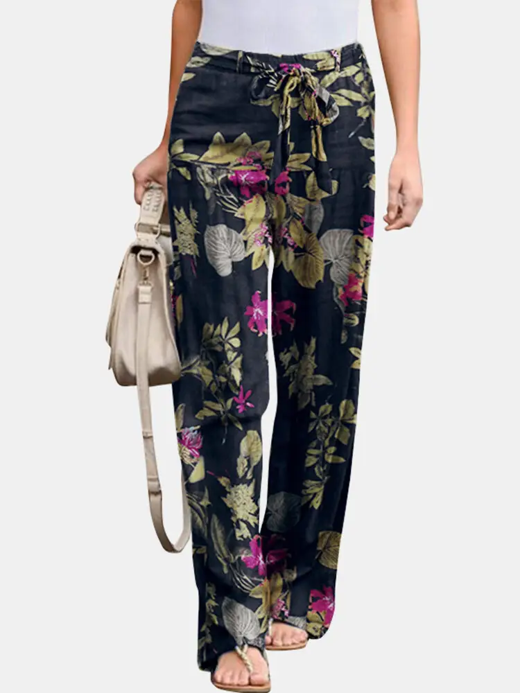 Women Printed Casual Pants Black White Linen Elastic Waist