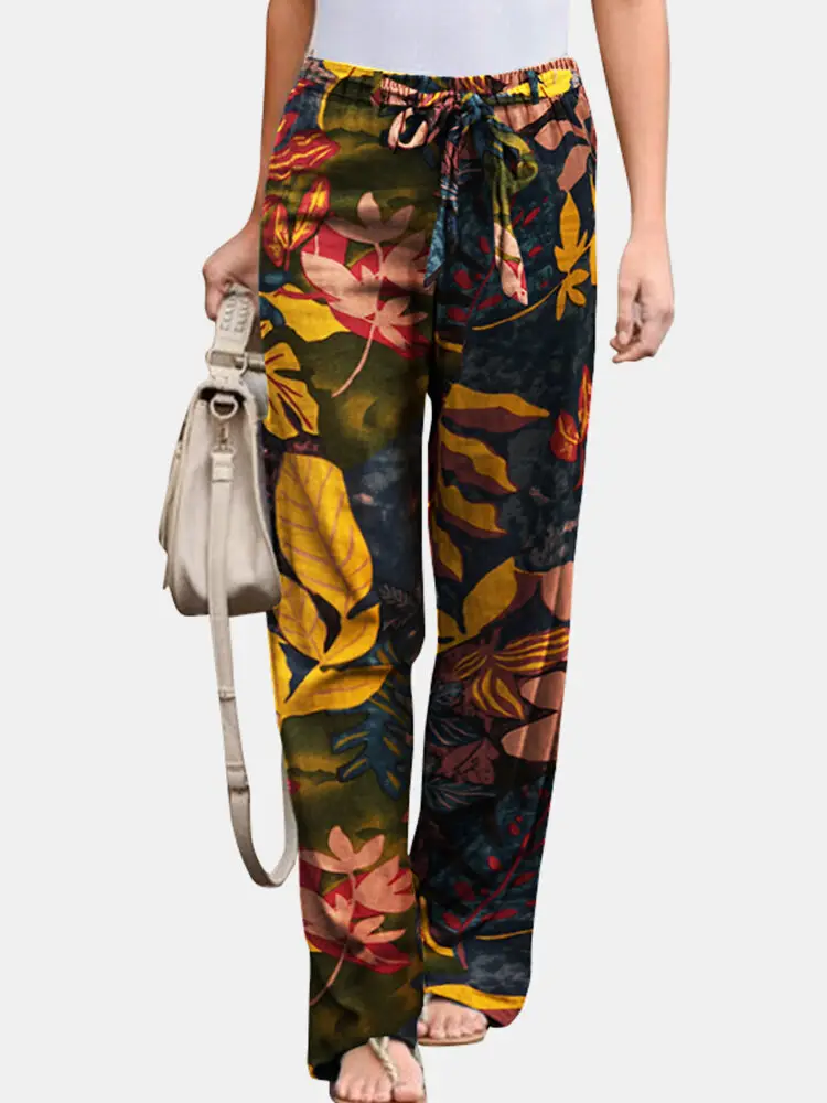 Women Printed Casual Pants Black White Linen Elastic Waist