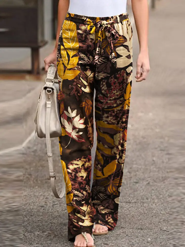 Women Printed Casual Pants Black White Linen Elastic Waist