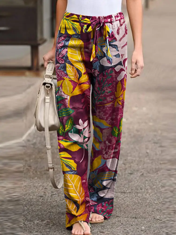 Women Printed Casual Pants Black White Linen Elastic Waist