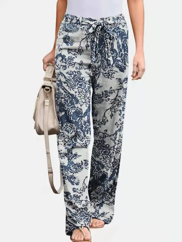 Women Printed Casual Pants Black White Linen Elastic Waist