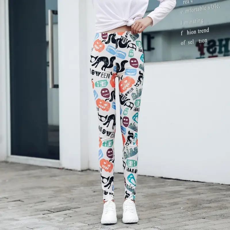 Women Abstract Print Stretch Leggings Blue White Large