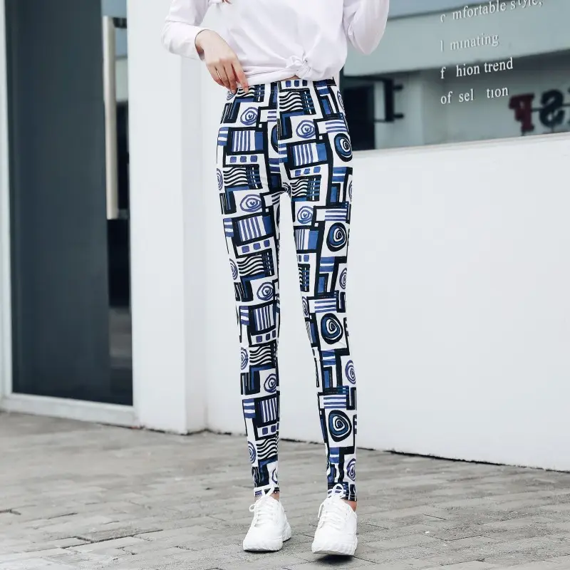 Women Abstract Print Stretch Leggings Blue White Large