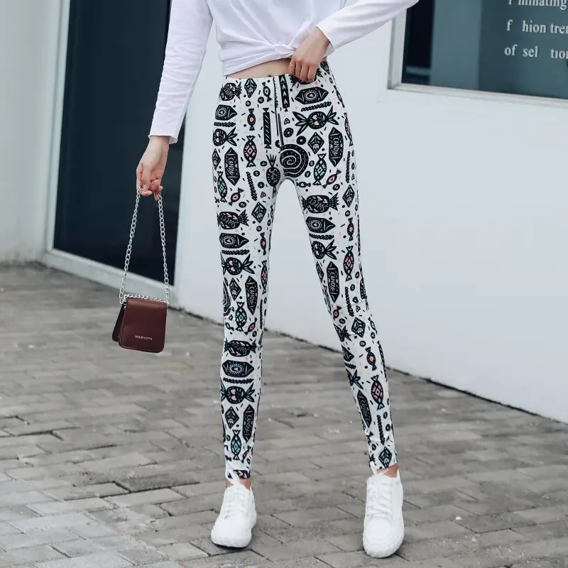 Women Abstract Print Stretch Leggings Blue White Large