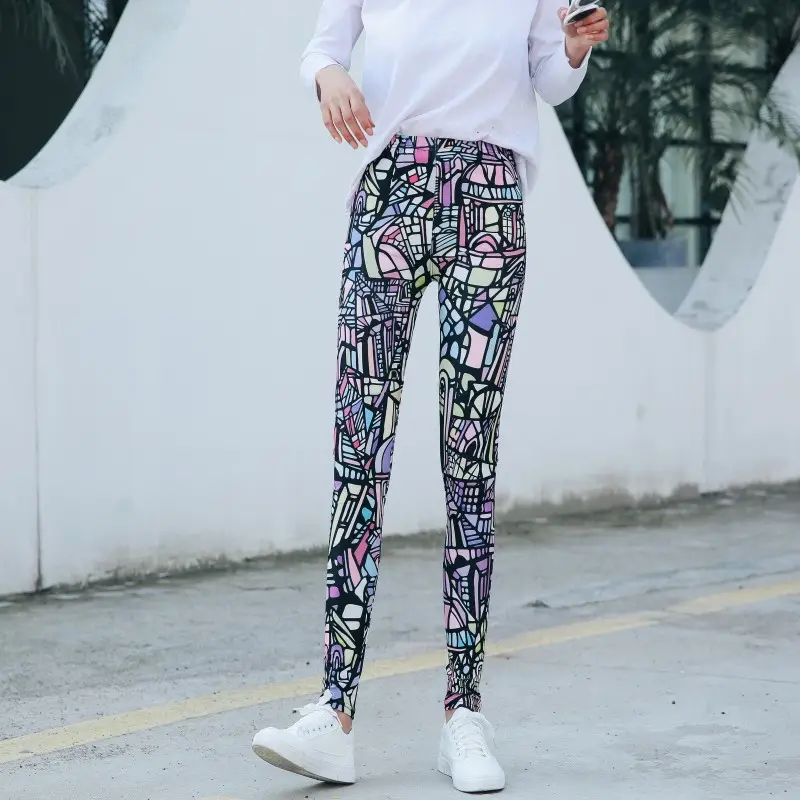 Women Abstract Print Stretch Leggings Blue White Large