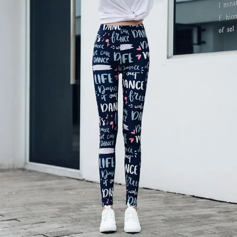 Women Abstract Print Stretch Leggings Blue White Large