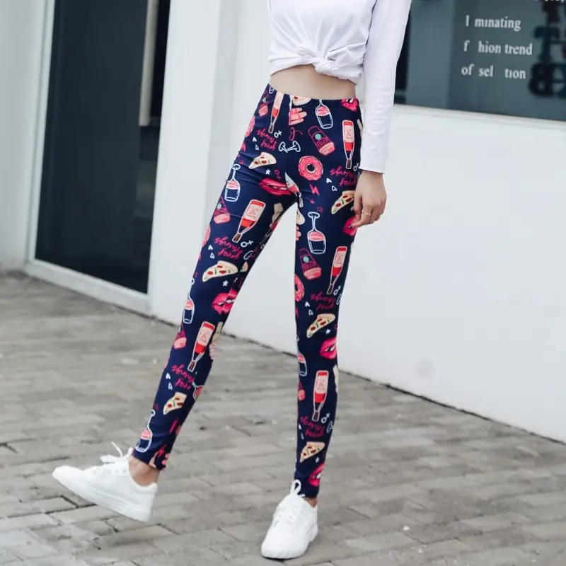 Women Abstract Print Stretch Leggings Blue White Large