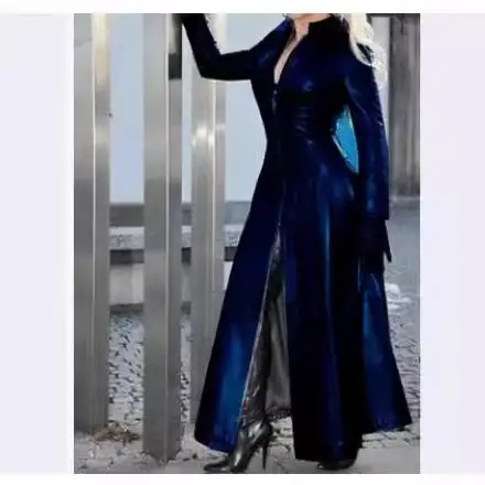 Super Long Pu Solid Blue Slim Fit Zipper Collar Plus Size Women's Evening Gown - Image 11