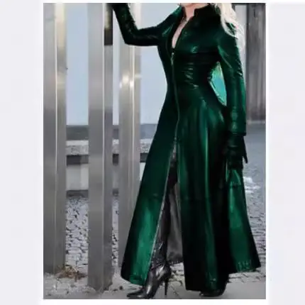 Super Long Pu Solid Blue Slim Fit Zipper Collar Plus Size Women's Evening Gown - Image 12