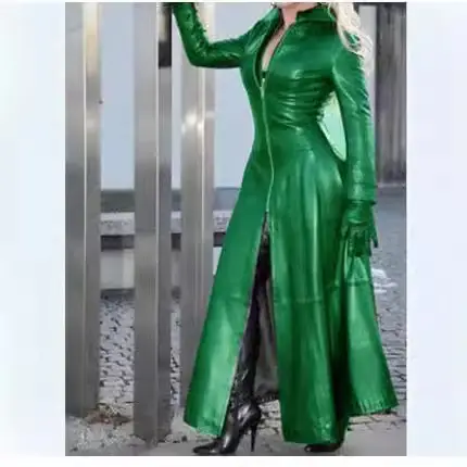 Super Long Pu Solid Blue Slim Fit Zipper Collar Plus Size Women's Evening Gown - Image 13