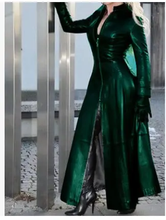 Super Long Pu Solid Blue Slim Fit Zipper Collar Plus Size Women's Evening Gown - Image 4