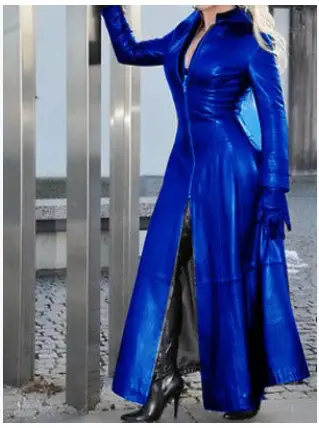 Super Long Pu Solid Blue Slim Fit Zipper Collar Plus Size Women's Evening Gown - Image 7