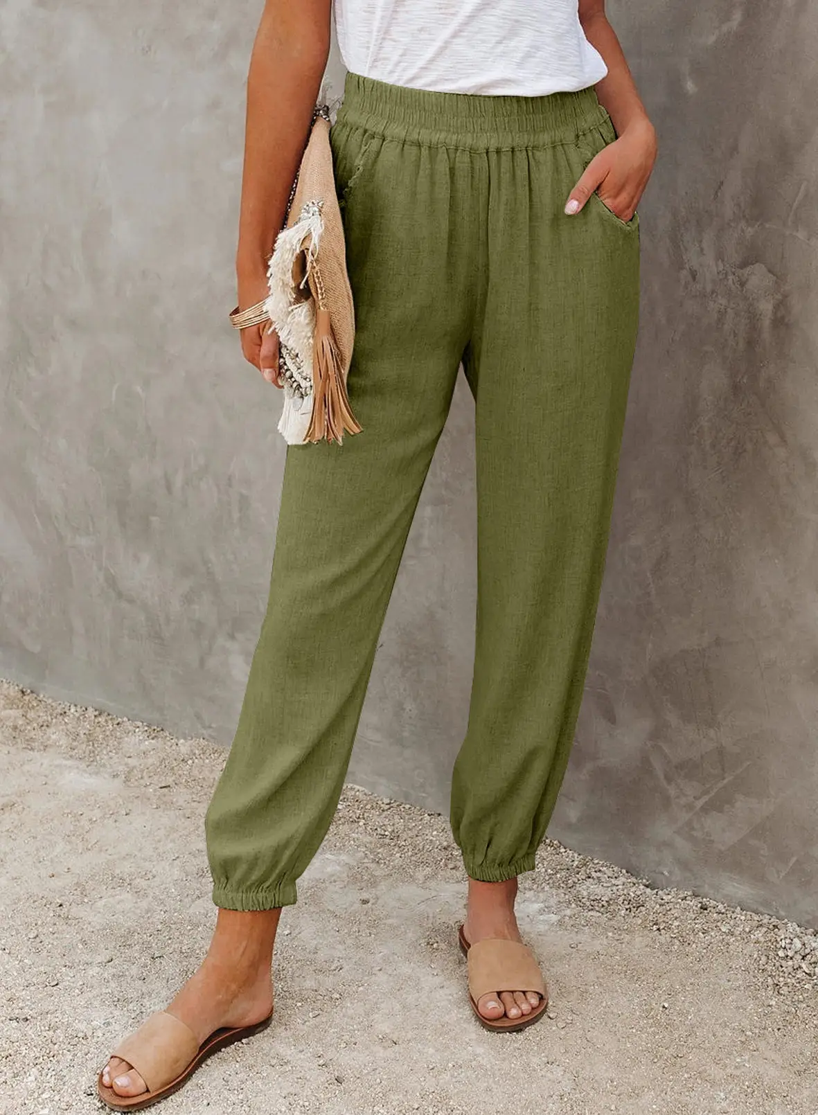 Women Loose Nine Point Jogger Pants Grey Green - Image 3