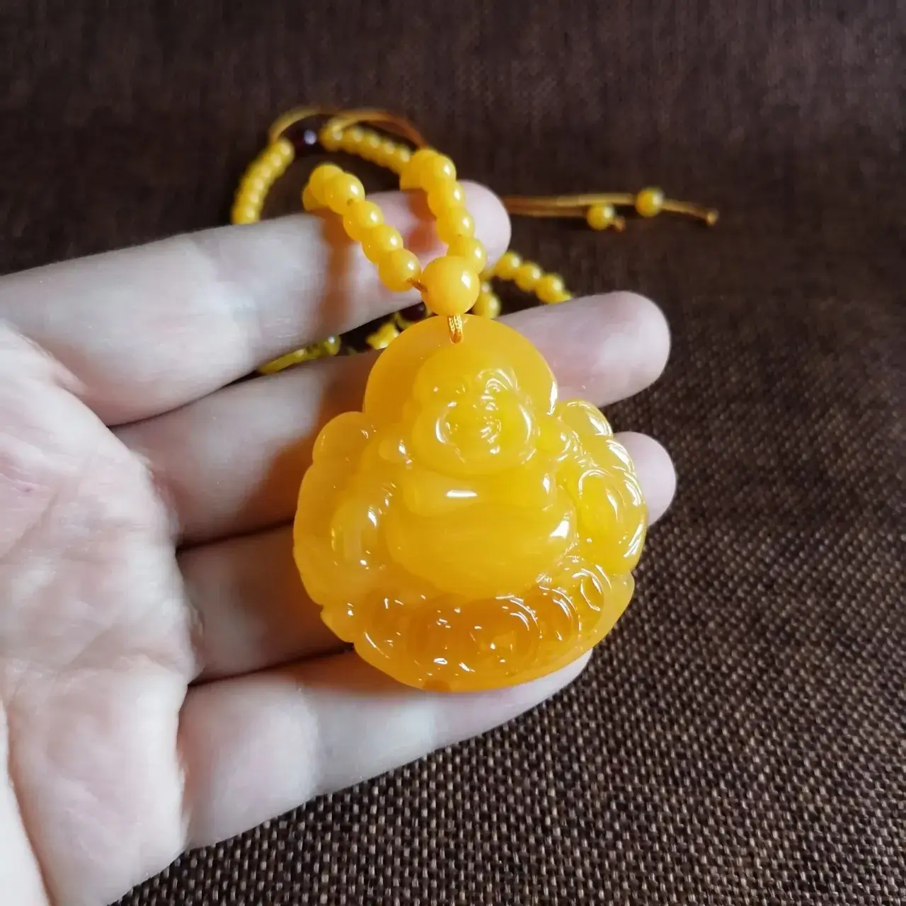 Yellow Beeswax Maitreya Pendant for Men Women Woolen Chain Necklace - Image 2
