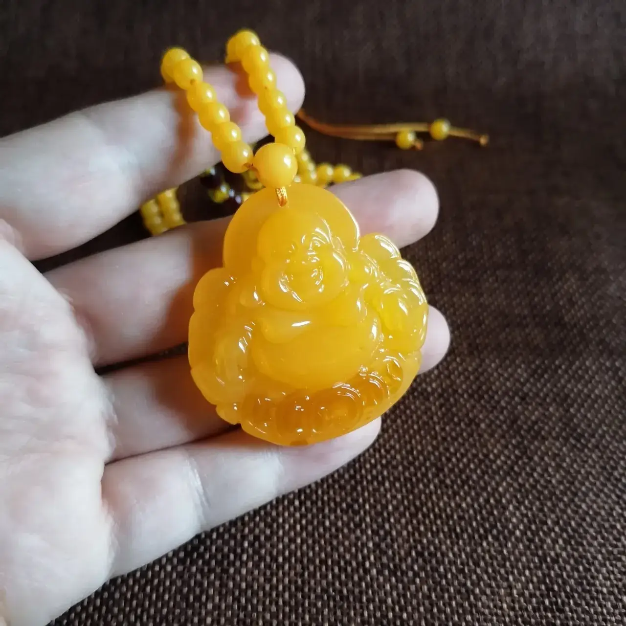 Yellow Beeswax Maitreya Pendant for Men Women Woolen Chain Necklace - Image 4