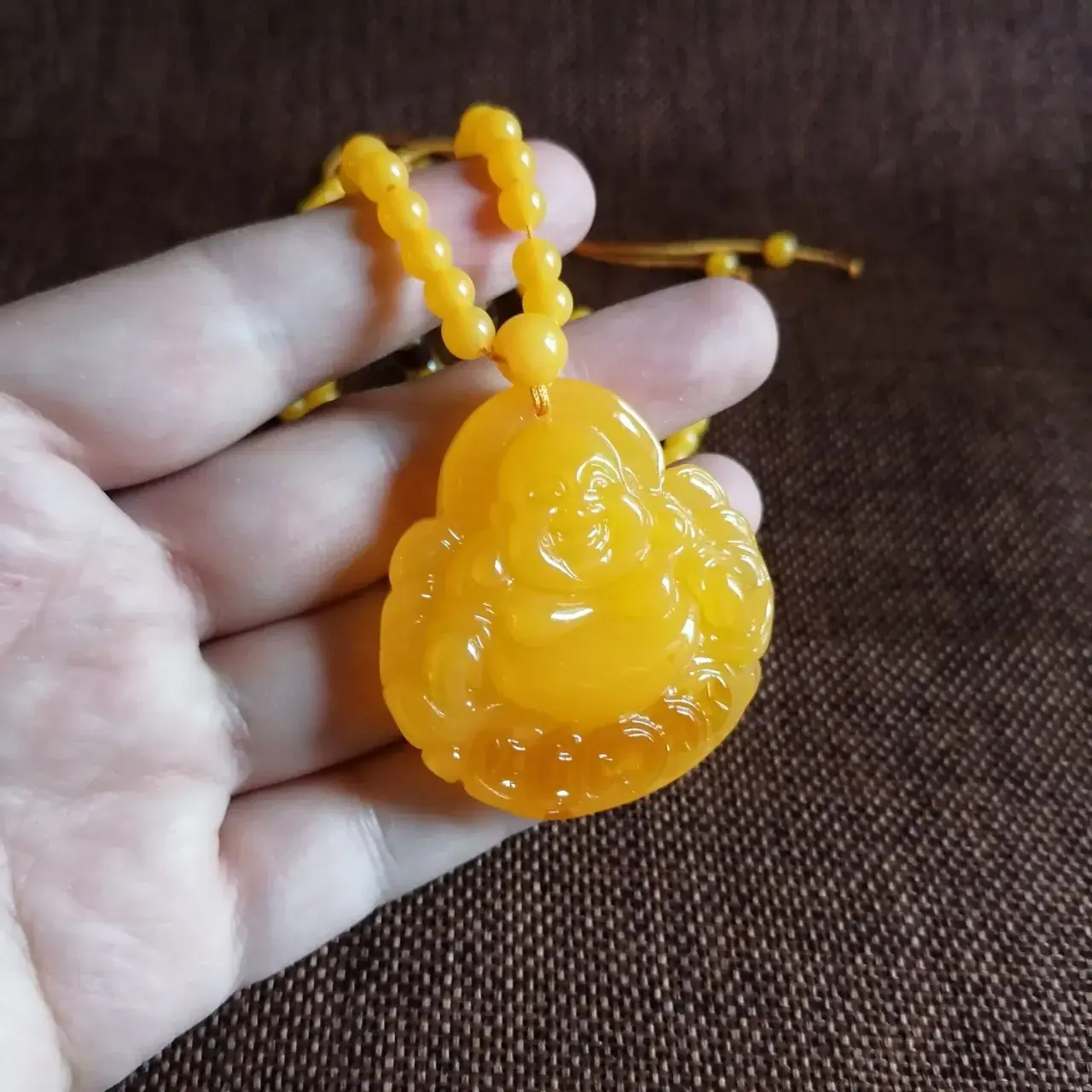 Yellow Beeswax Maitreya Pendant for Men Women Woolen Chain Necklace — feature 3