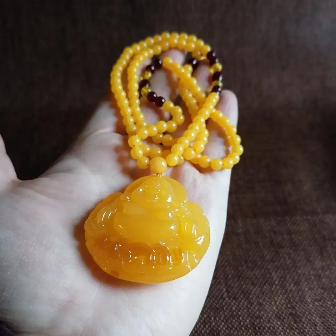 Yellow Beeswax Maitreya Pendant for Men Women Woolen Chain Necklace — feature 9