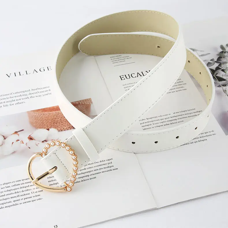 Women's White Pearl Pin Buckle Belt with Korean Style Design - Image 2