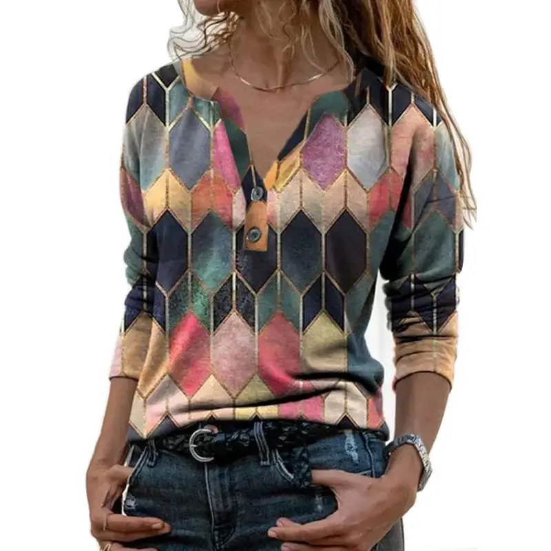 Women's V Neck Printed Long Sleeve Top Autumn 2024