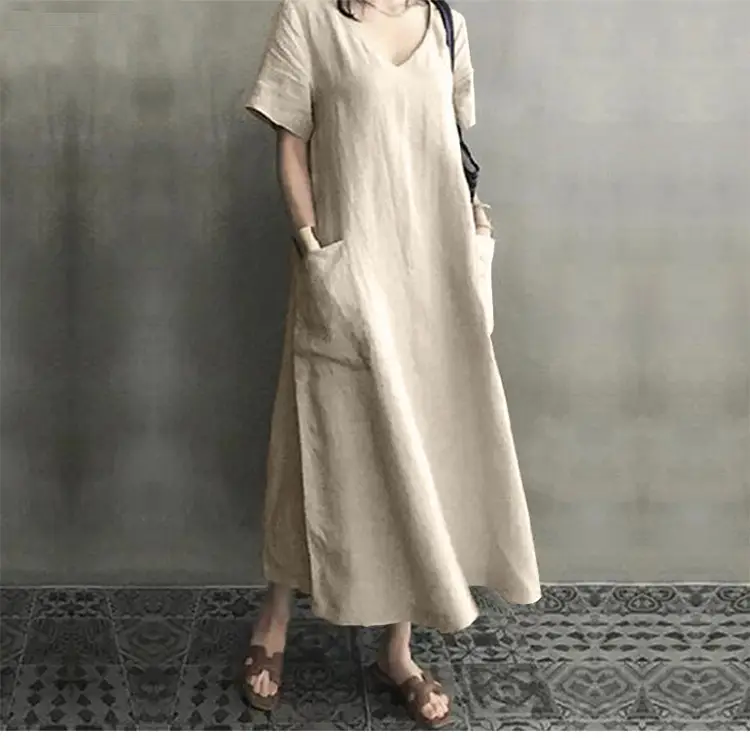 2020 V-Neck Cotton Linen Dress for Women Large Swing - Image 4