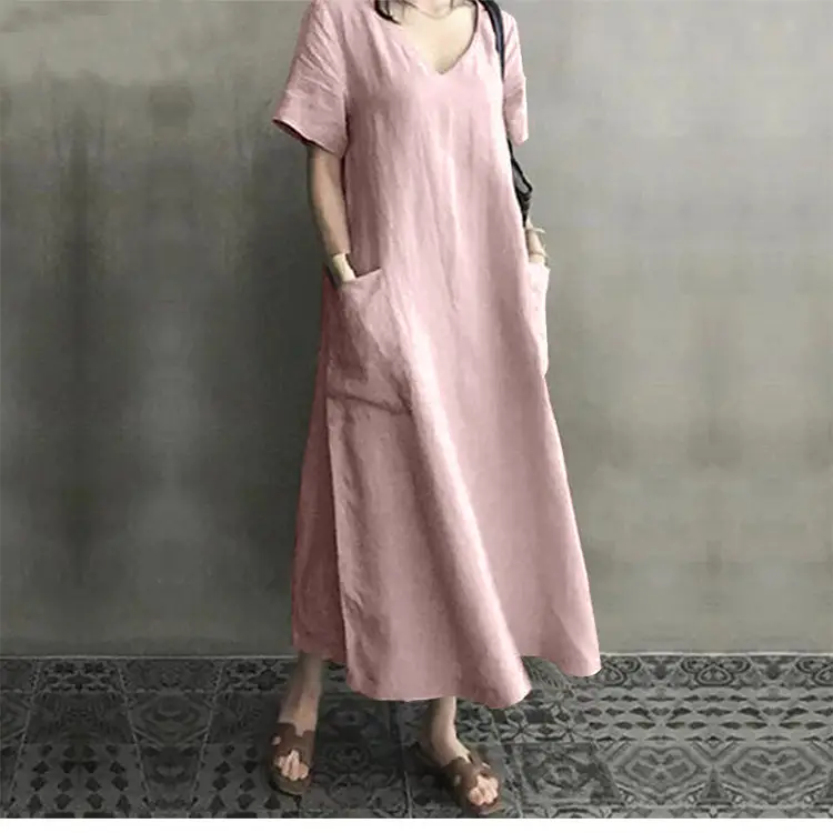2020 V-Neck Cotton Linen Dress for Women Large Swing — feature 12