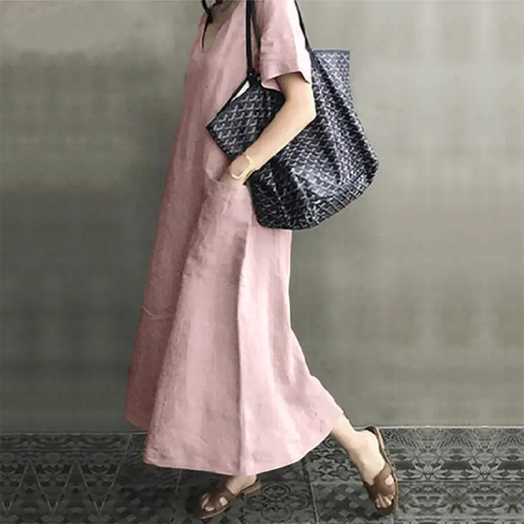 2020 V-Neck Cotton Linen Dress for Women Large Swing — feature 13