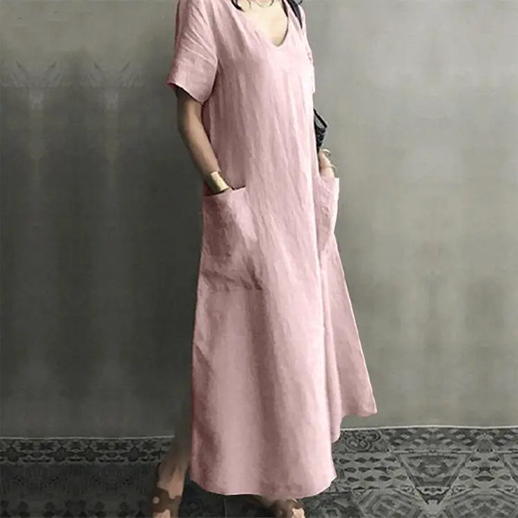 2020 V-Neck Cotton Linen Dress for Women Large Swing — feature 15