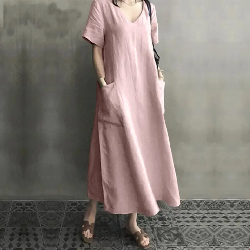 2020 V-Neck Cotton Linen Dress for Women Large Swing — feature 16