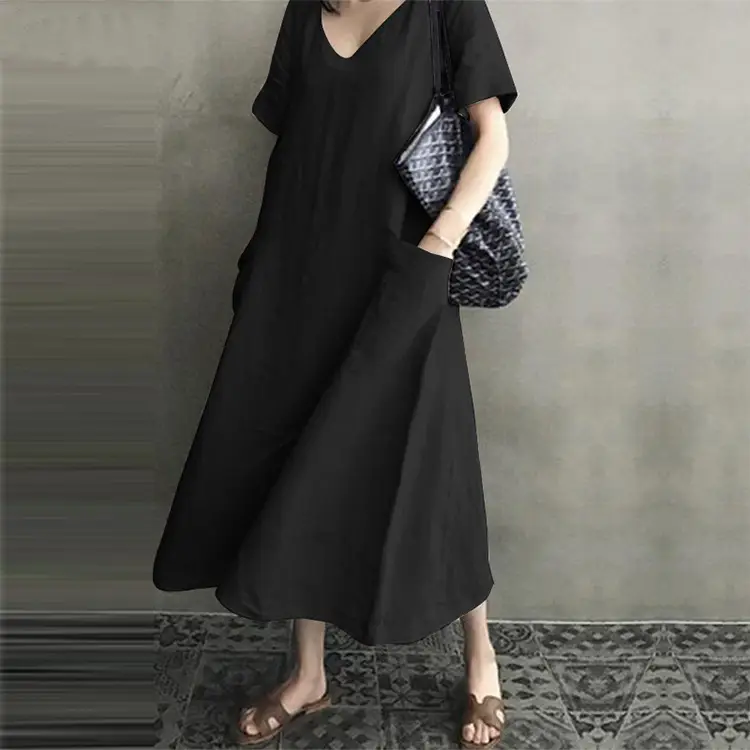 2020 V-Neck Cotton Linen Dress for Women Large Swing — feature 20