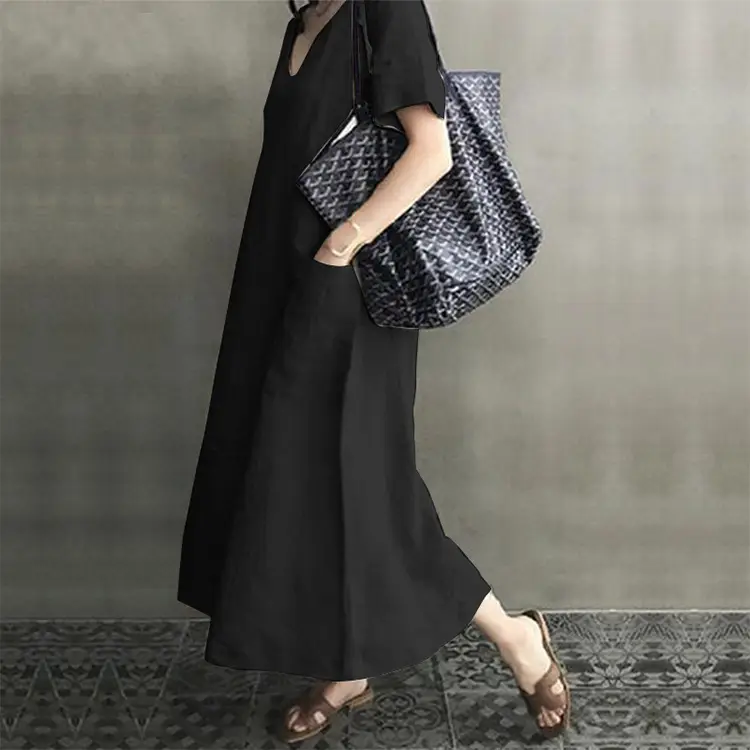 2020 V-Neck Cotton Linen Dress for Women Large Swing — feature 21