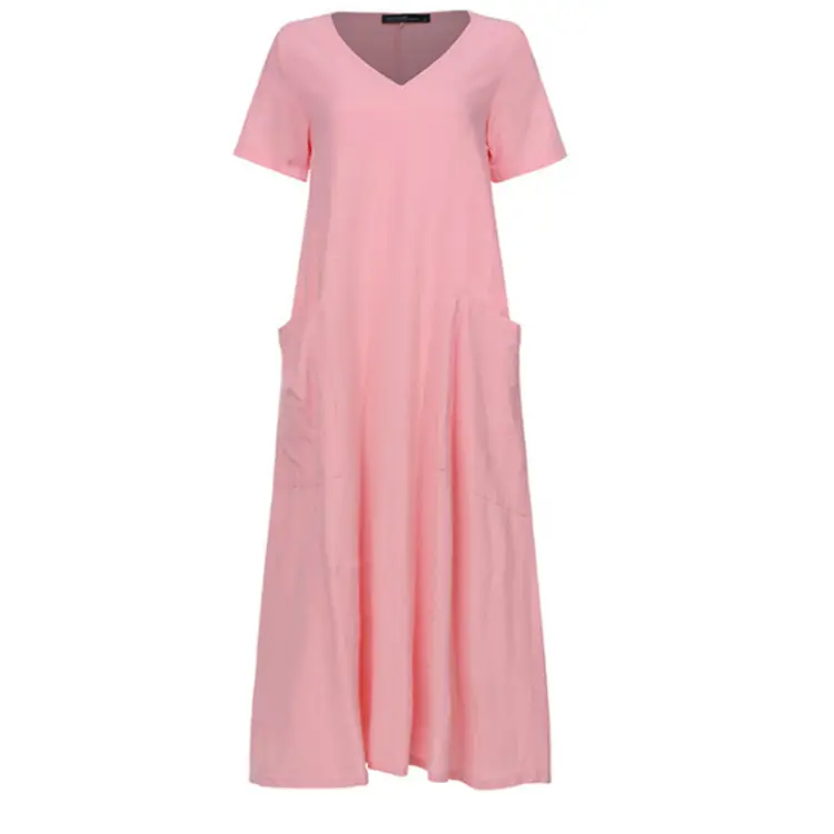 2020 V-Neck Cotton Linen Dress for Women Large Swing — feature 22