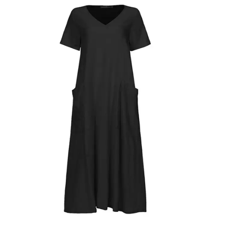 2020 V-Neck Cotton Linen Dress for Women Large Swing — feature 23