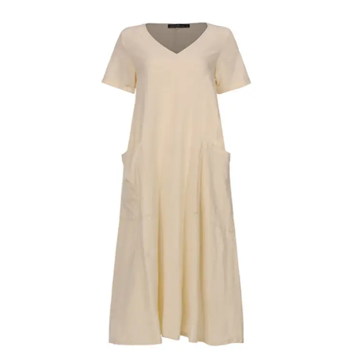 2020 V-Neck Cotton Linen Dress for Women Large Swing — feature 24