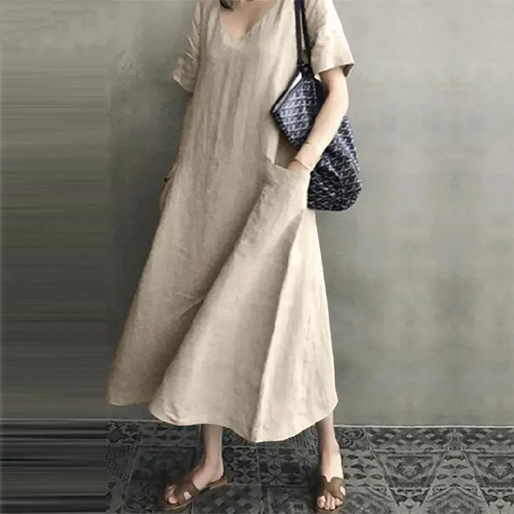 2020 V-Neck Cotton Linen Dress for Women Large Swing — feature 7