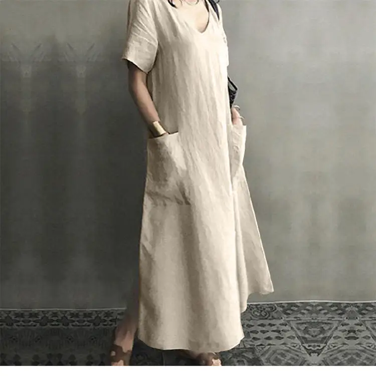 2020 V-Neck Cotton Linen Dress for Women Large Swing — feature 8