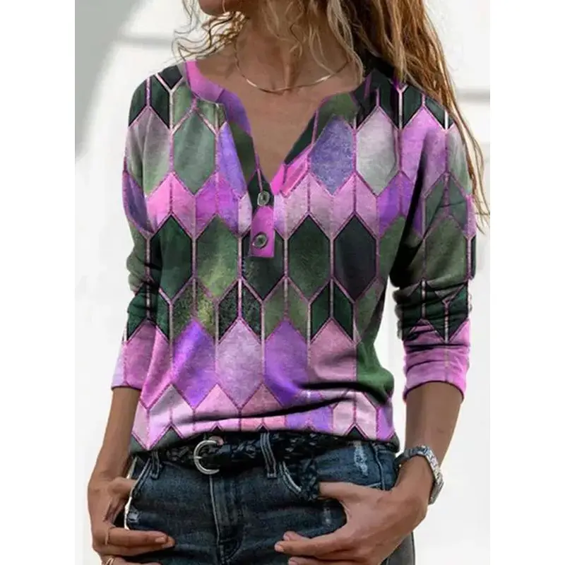 2024 V Neck Digital Printed Long Sleeve T-Shirt Women - Image 6