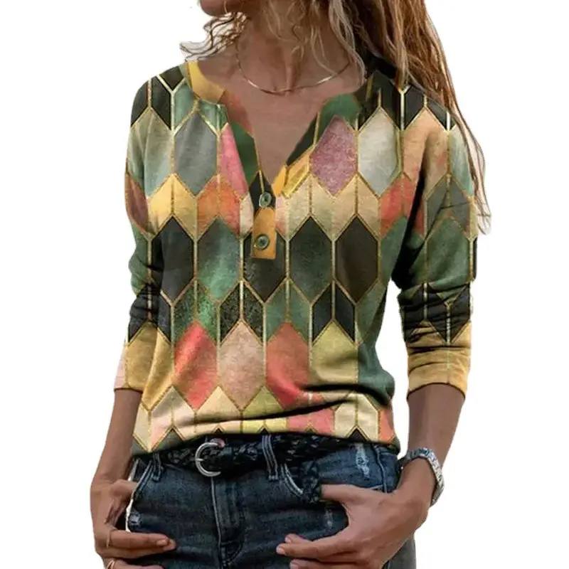 2024 V Neck Digital Printed Long Sleeve T-Shirt Women - Image 8